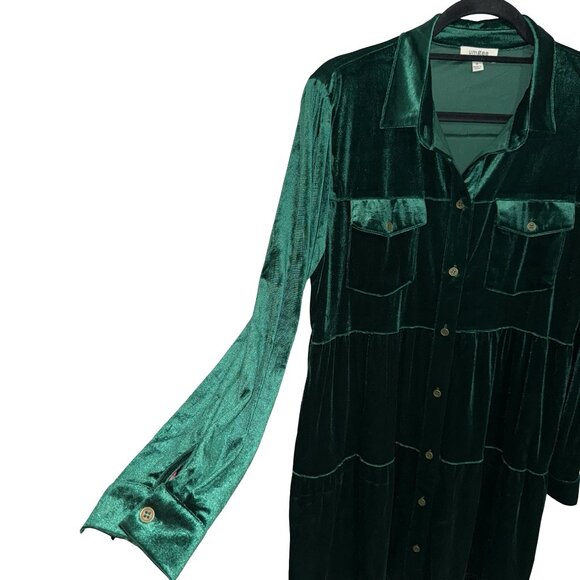 Umgee Royal Green Velour/Velvet Long Sleeve Button Down Collared Dress Sz M - Picture 3 of 10
